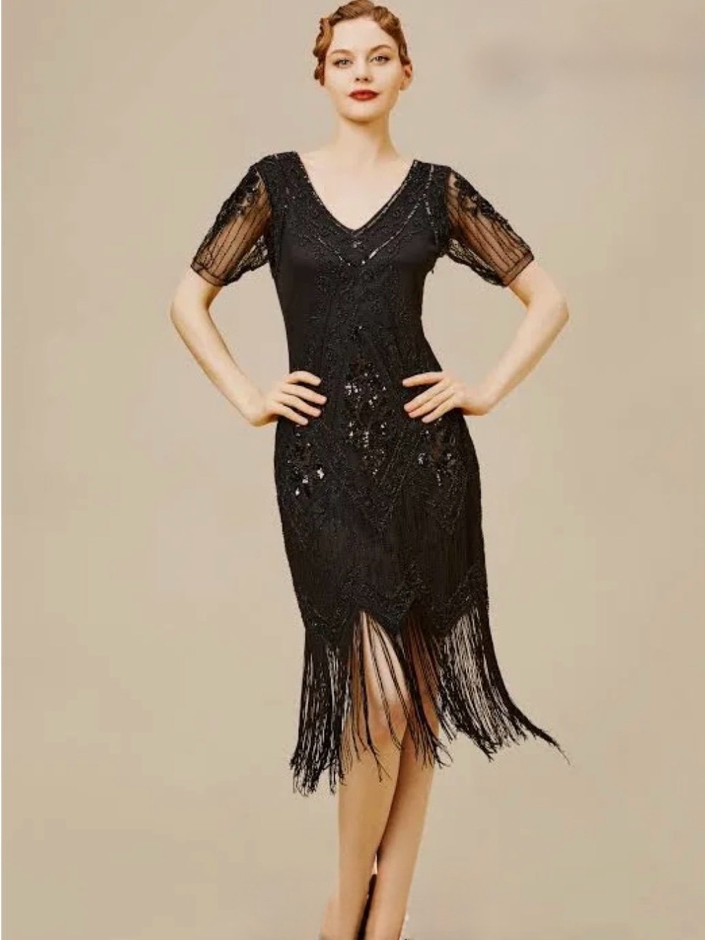 Babeyond Gatsby Flapper Beaded Sequin Fringe Dress Black Short Sleeve 1920 Party